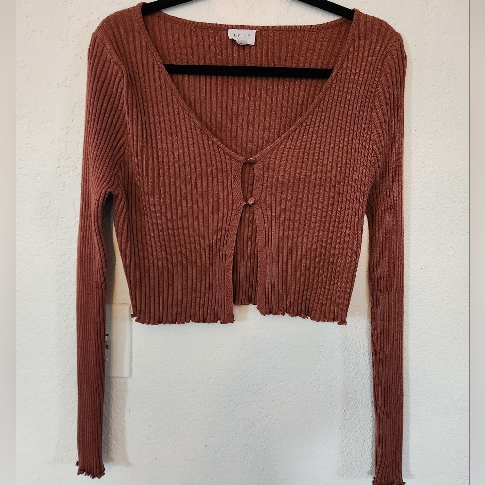 Le Lis Buckle Cropped Button Cardigan Rust Ribbed‎ Knit Sweater Coastal Cowgirl